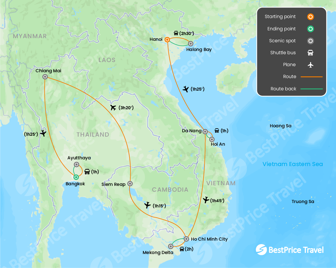 Highlights of Indochina: Vietnam, Cambodia & Thailand 3 weeks Map