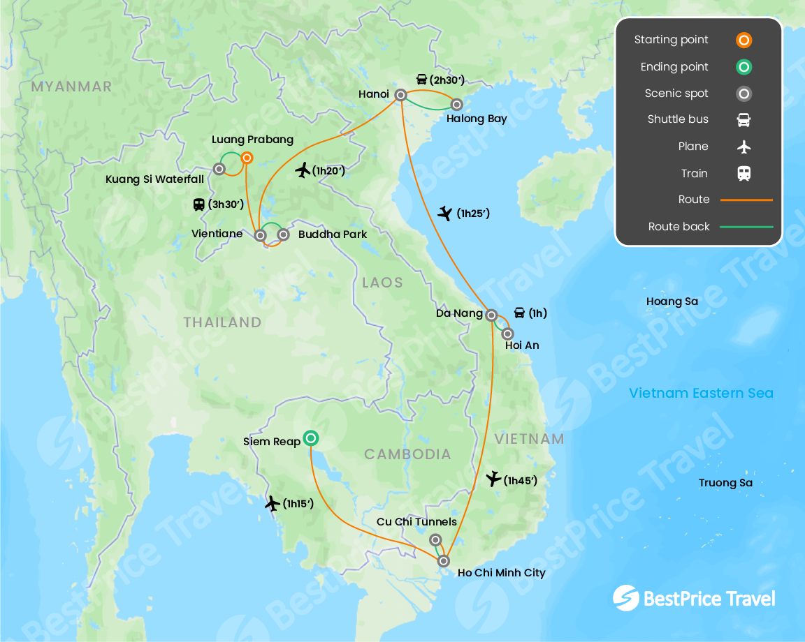 Indochina Essentials: Laos, Vietnam & Cambodia 15 days Map