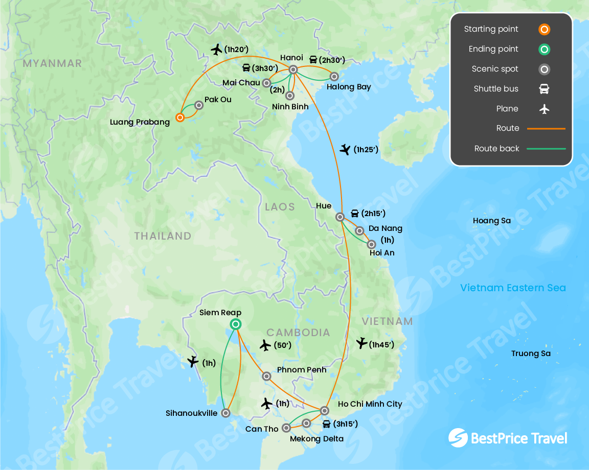 Laos, Vietnam and Cambodia Explorer 24 days Map