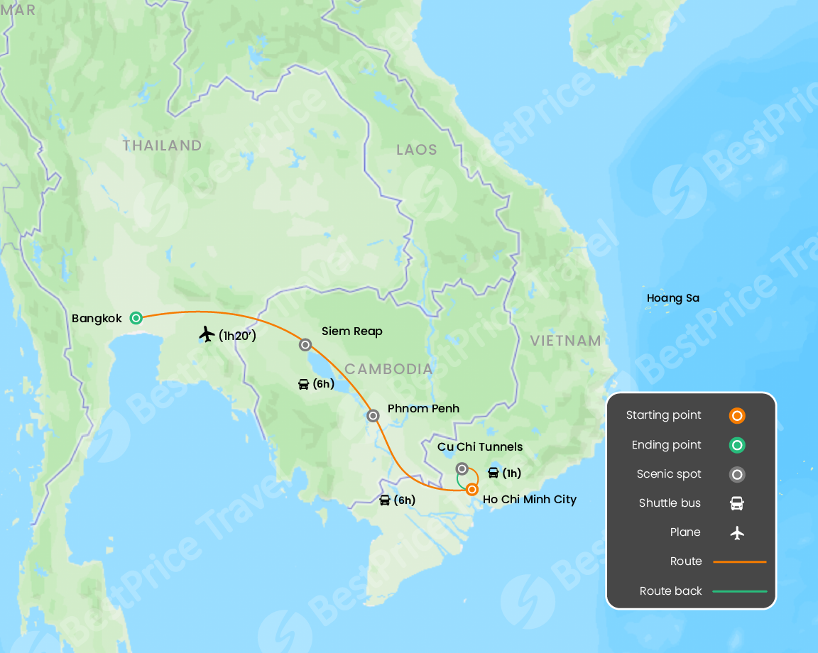 Vietnam, Cambodia & Thailand Heritage: Super Save Tour 10 days Map