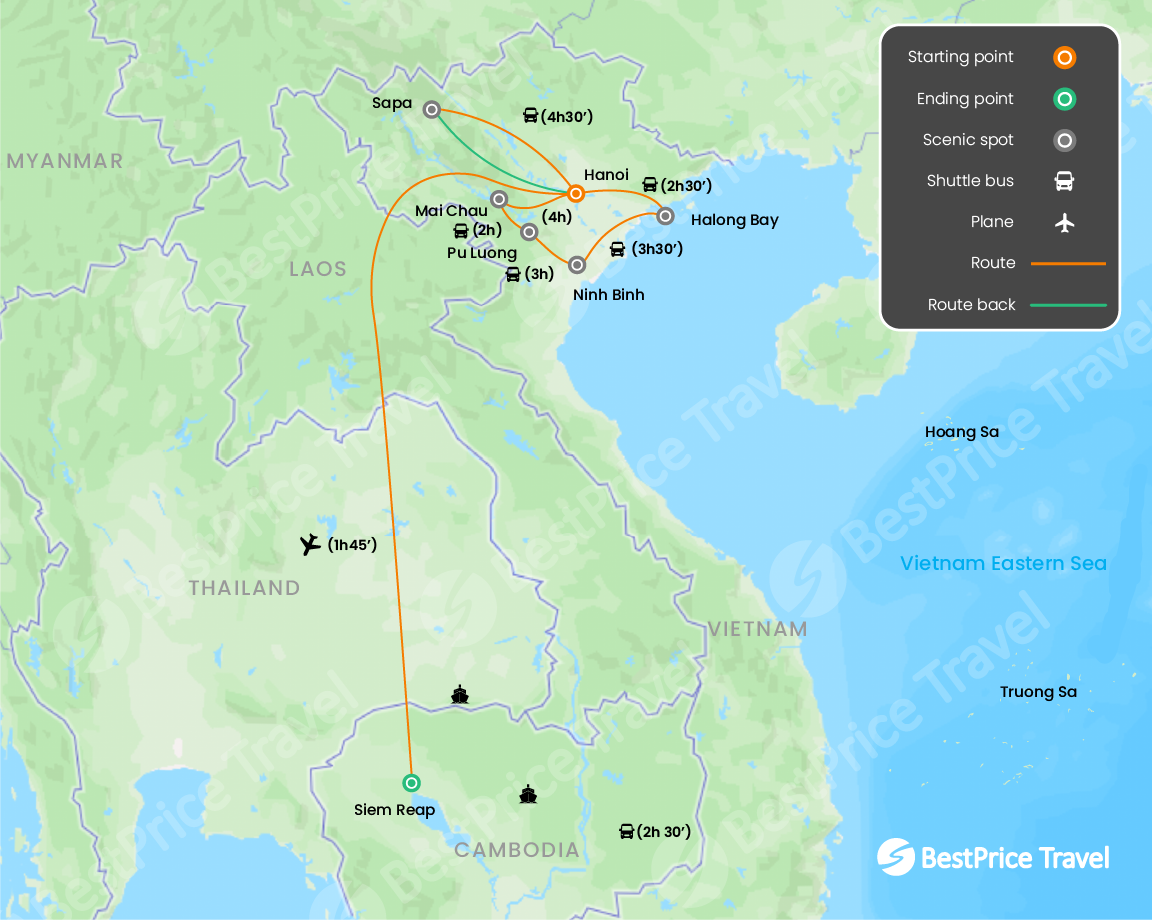 Cultural Trails: Vietnam and Cambodia Trekking Journey 12 days Map