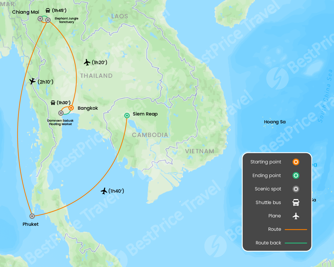 Classic Southeast Asia: Thailand to Cambodia Essentials 10 Days Map