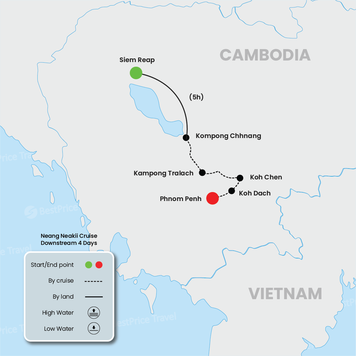 Neang Neakii Cruise Downstream 4 Days: Siem Reap - Phnom Penh Map