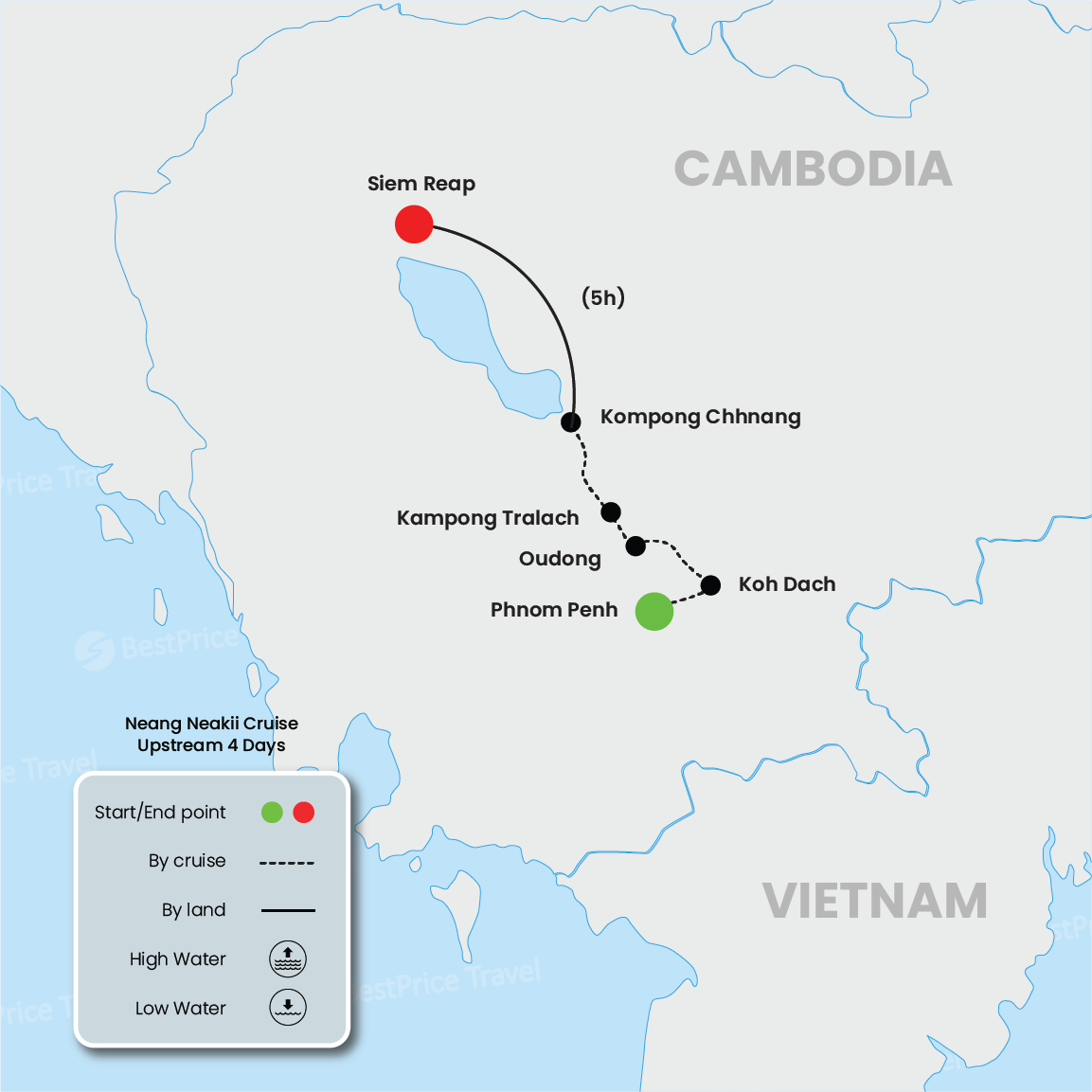 Neang Neakii Cruise Upstream 4 Days: Phnom Penh - Siem Reap Map