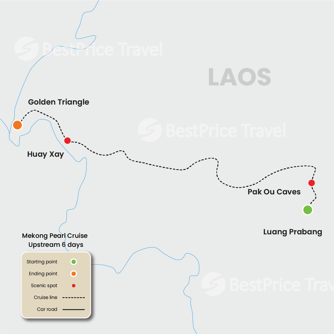 Mekong Pearl Cruise Upstream 6 days: Luang Prabang - Golden Triangle Map