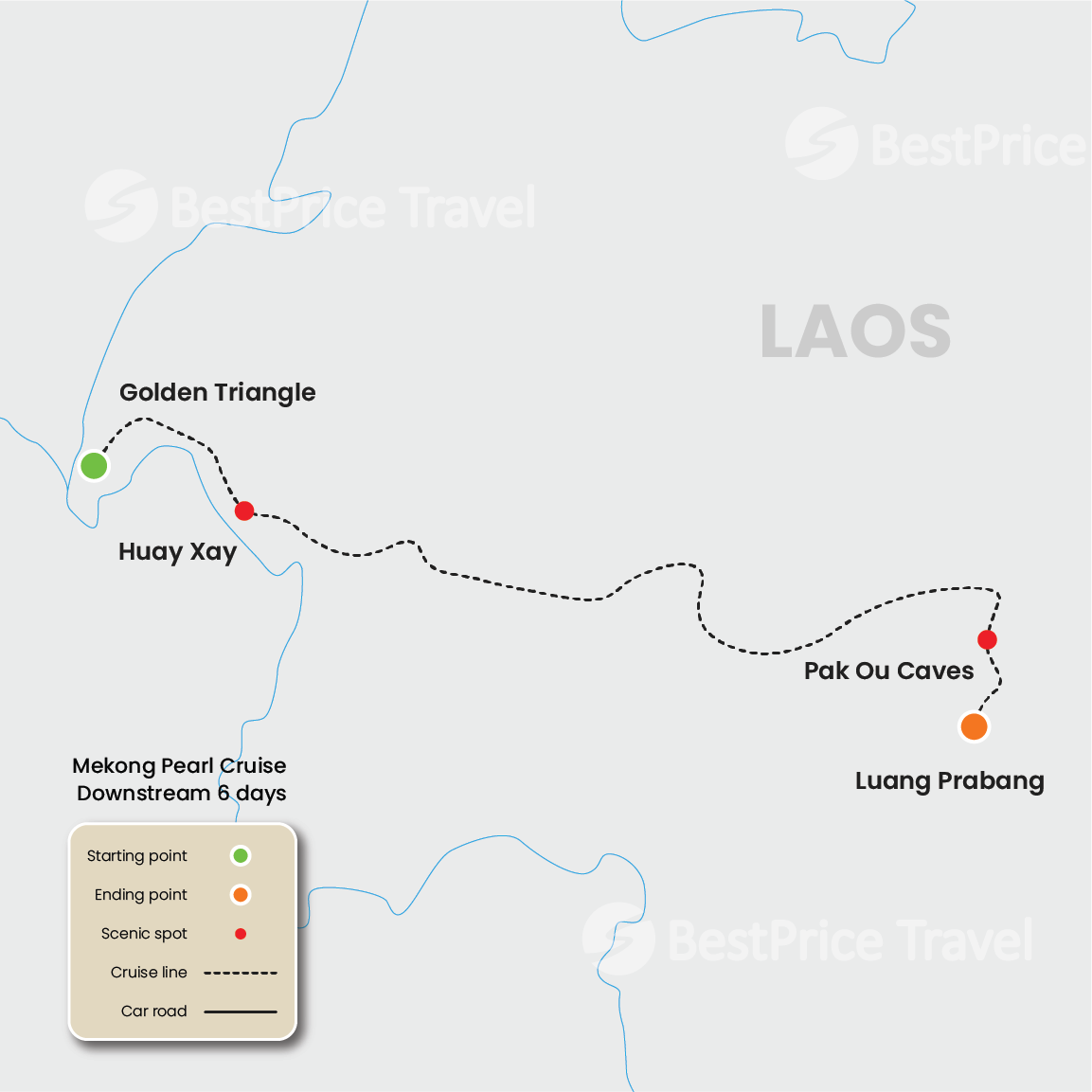 Mekong Pearl Cruise Downstream 6 days: Golden Triangle - Luang Prabang Map