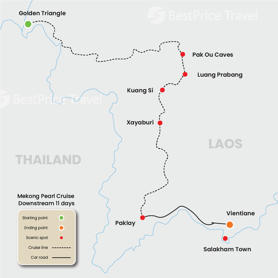 Mekong Pearl Cruise Downstream 11 days: Chiang Rai - Vientiane Map