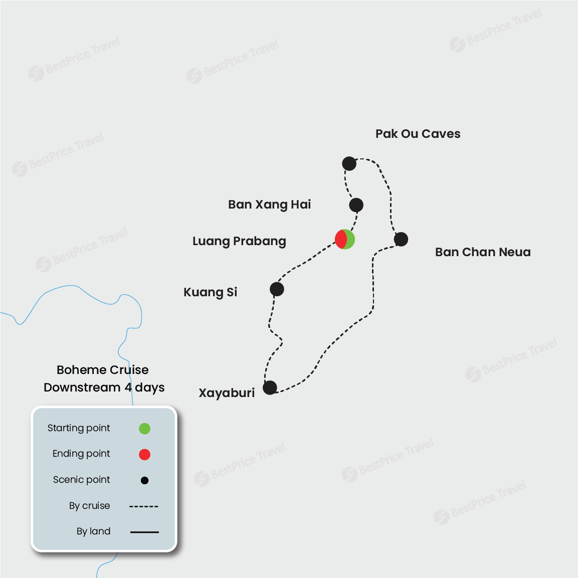 Boheme Cruise 4 days: Luang Prabang - Xayaboury - Luang Prabang Map