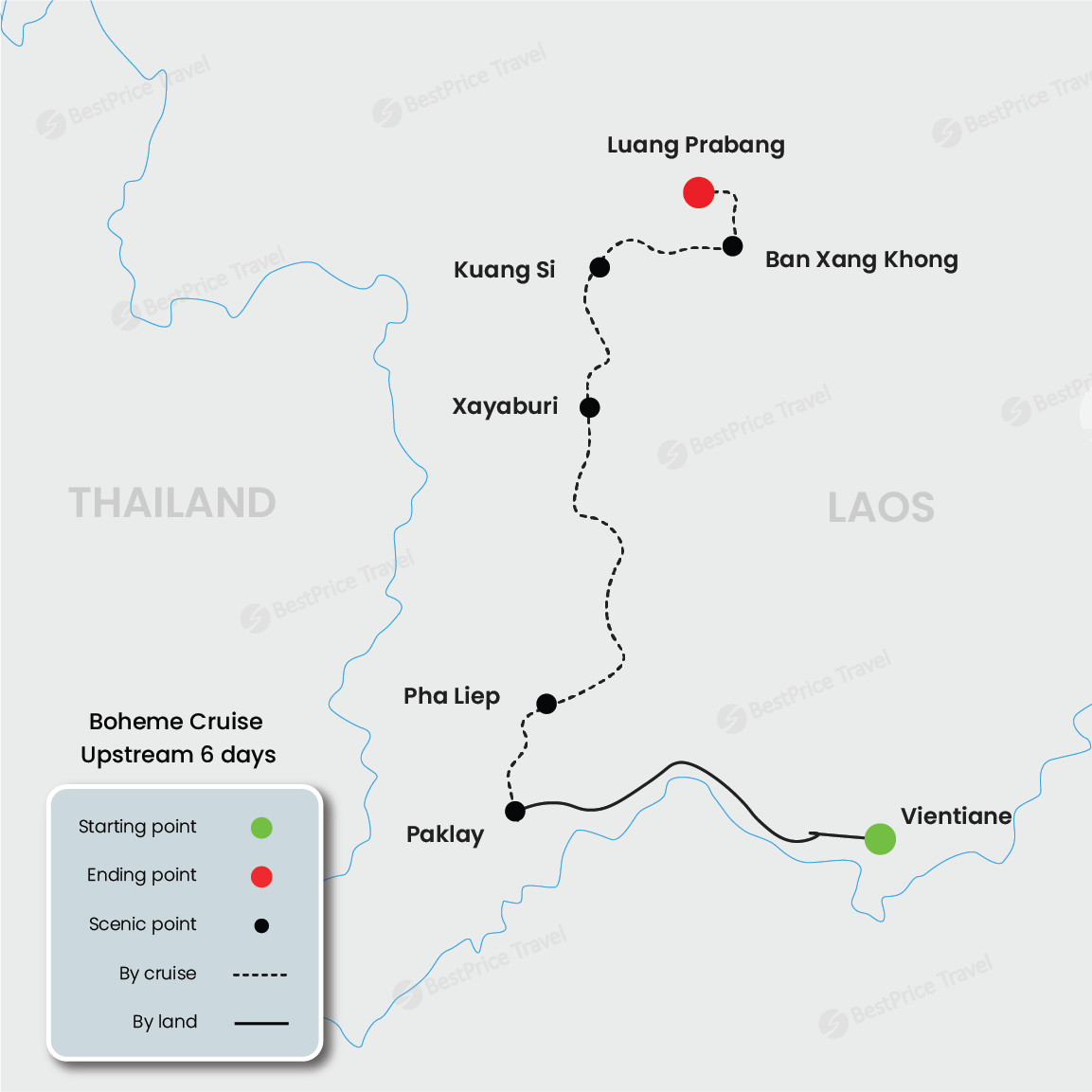 Boheme Cruise Upstream 6 days: Vientiane - Luang Prabang Map