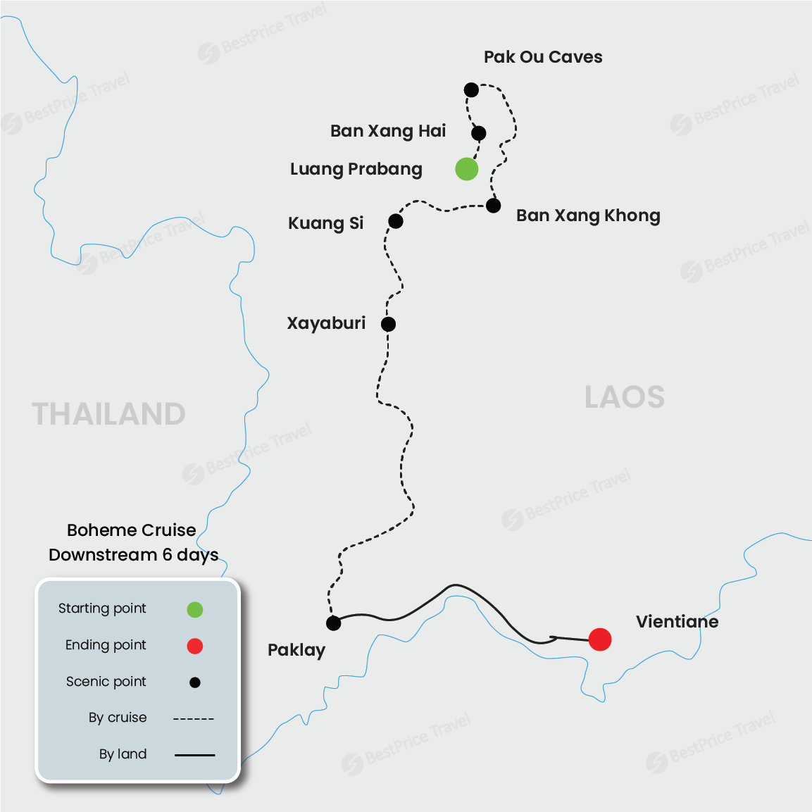 Boheme Cruise Downstream 6 days: Luang Prabang - Vientiane Map