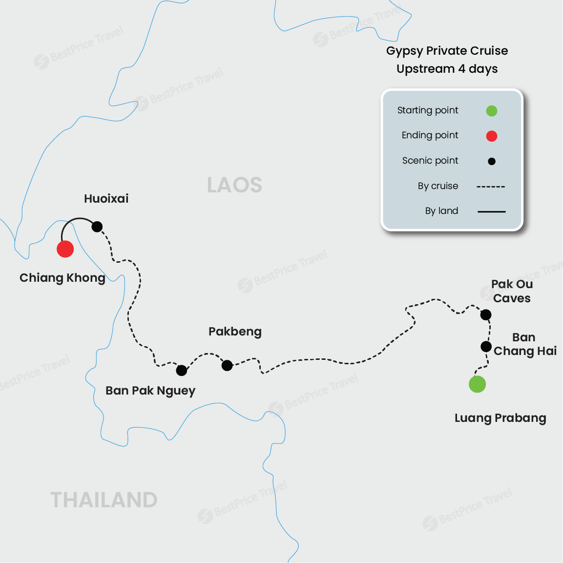 Crucero privado gitano de 4 días y 3 noches: Luang Prabang - Triángulo Dorado mapa