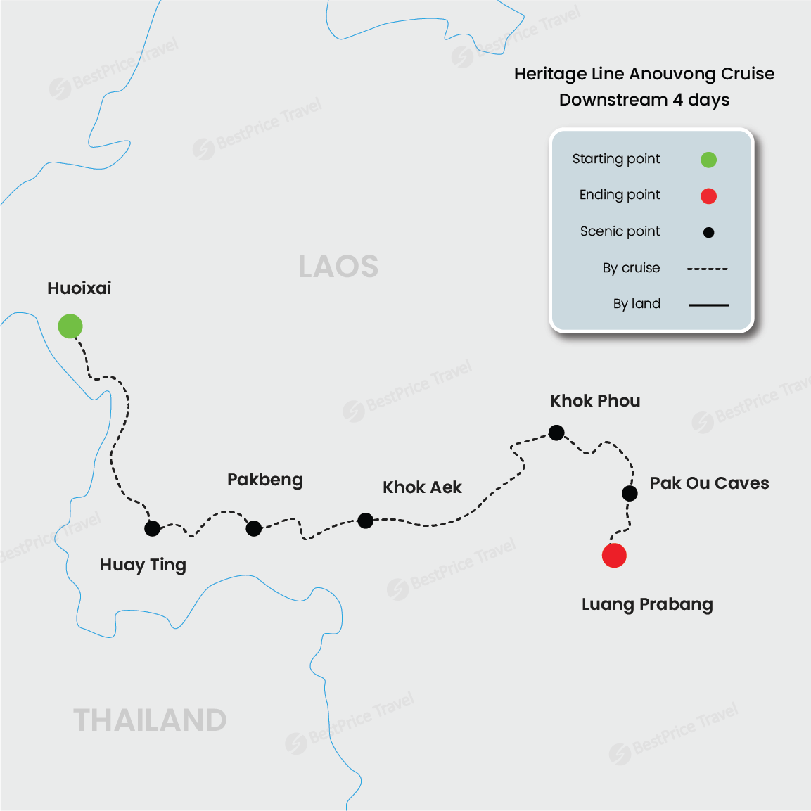 Heritage Line Anouvong Cruise Downstream 4 days: Huay Xai - Luang Prabang Map