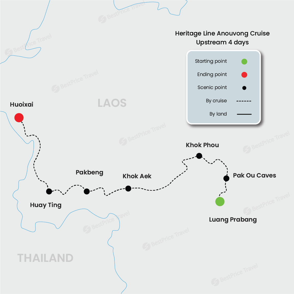 Heritage Line Anouvong Cruise Upstream 4 days: Luang Prabang - Huay Xai Map