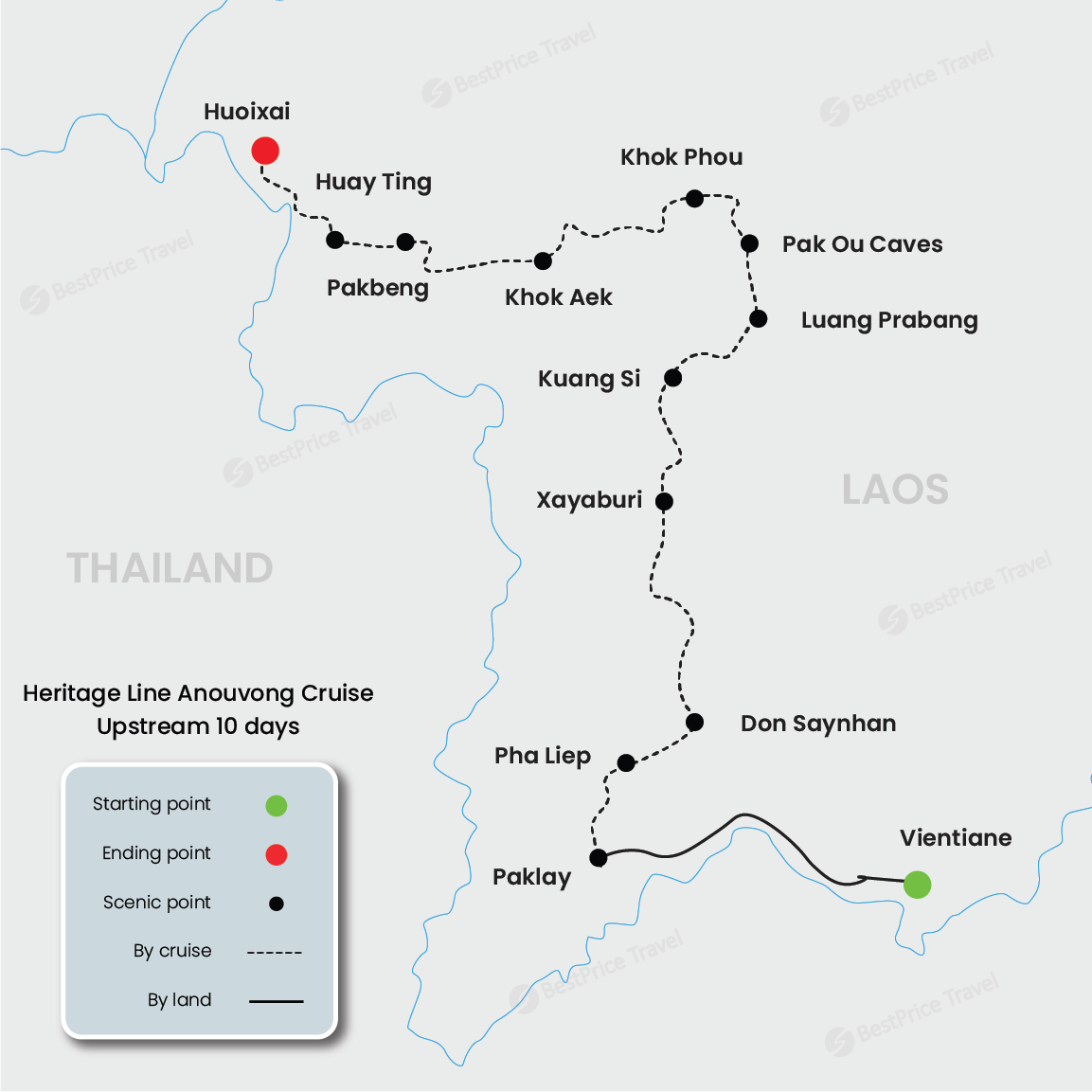 Crucero Anouvong río arriba de Heritage Line de 10 días: Vientián - Huay Xai mapa
