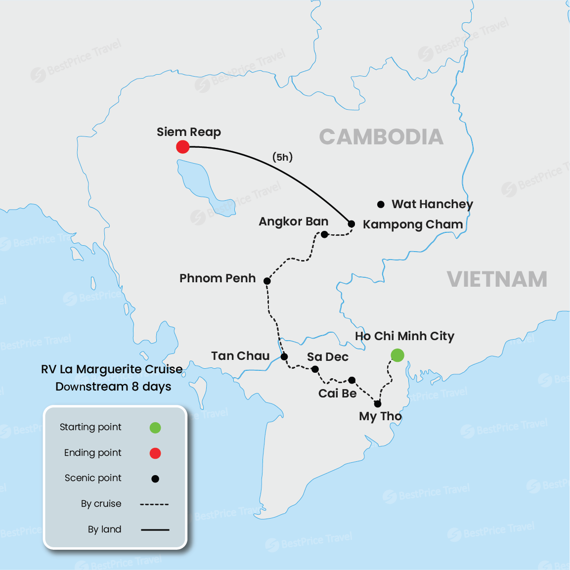 RV La Marguerite Cruise Upstream 8 days: Saigon - Siem Reap Map