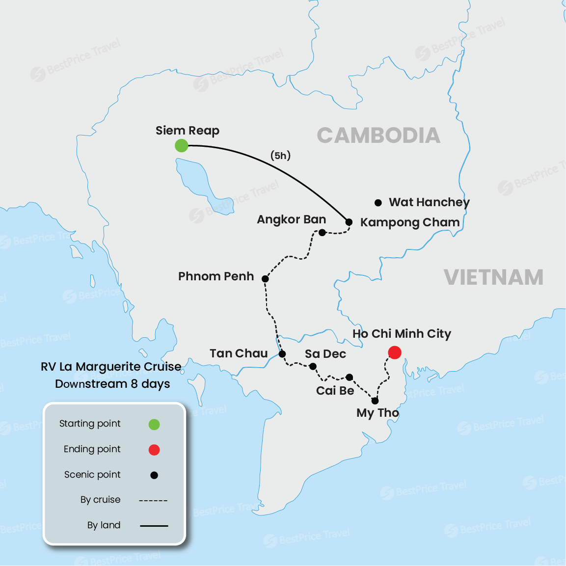 RV La Marguerite Cruise Downstream 8 days: Siem Reap - Saigon Map