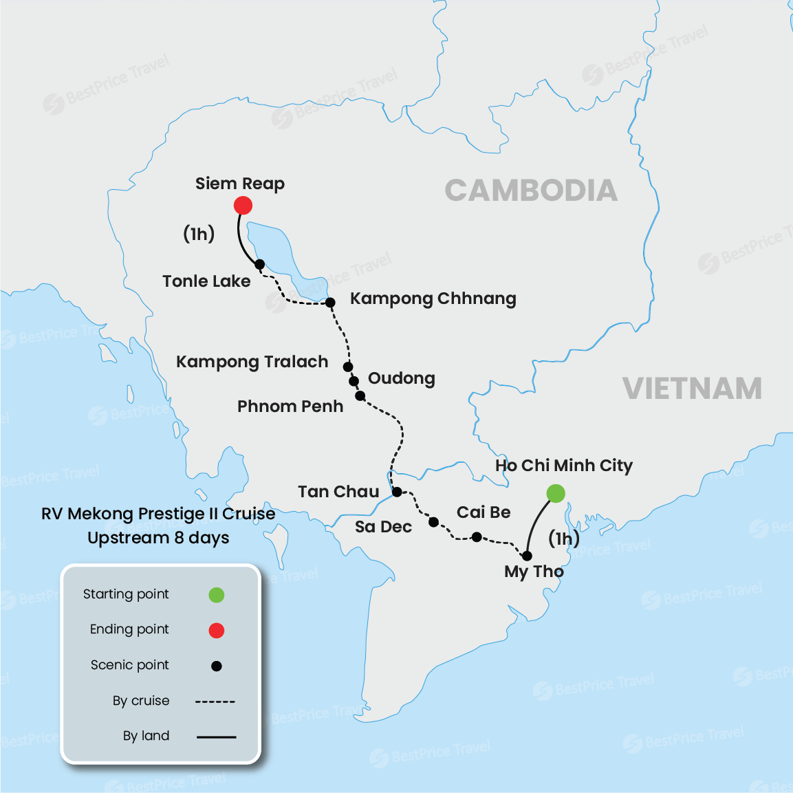RV Mekong Prestige II Cruise Upstream 8 days: Saigon - Siem Reap Map