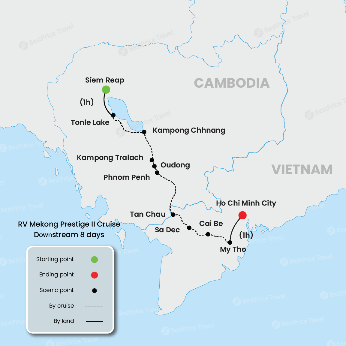 RV Mekong Prestige II Cruise Downstream 8 days: Siem Reap - Saigon Map