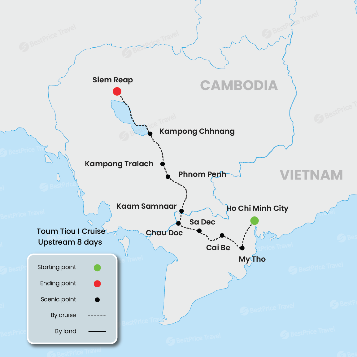 Toum Tiou I Cruise Upstream 8 days: Saigon - Siem Reap Map
