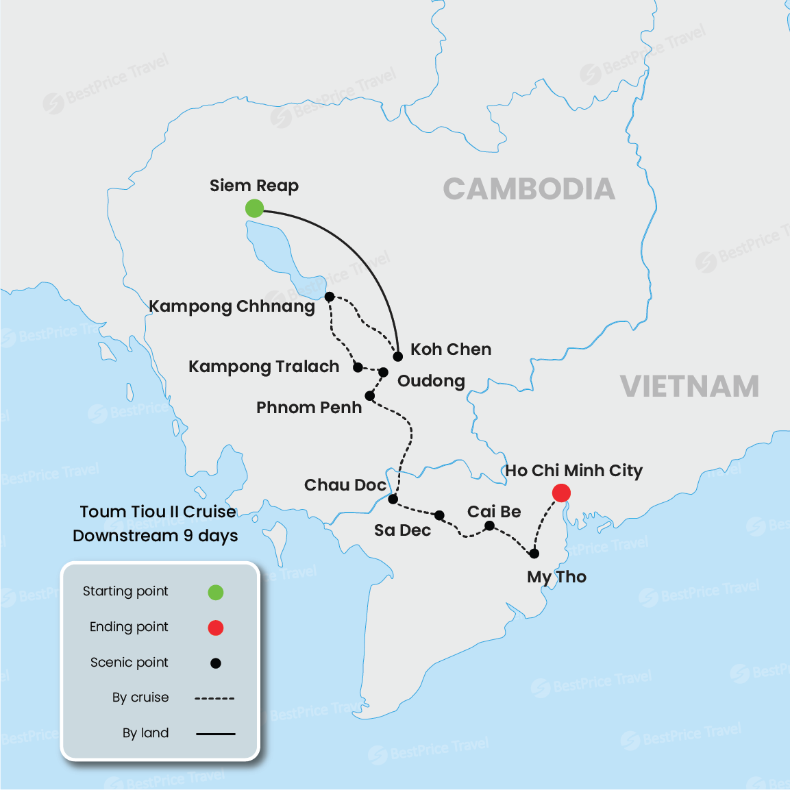 Toum Tiou II Cruise Downstream 9 days: Siem Reap - Saigon Map
