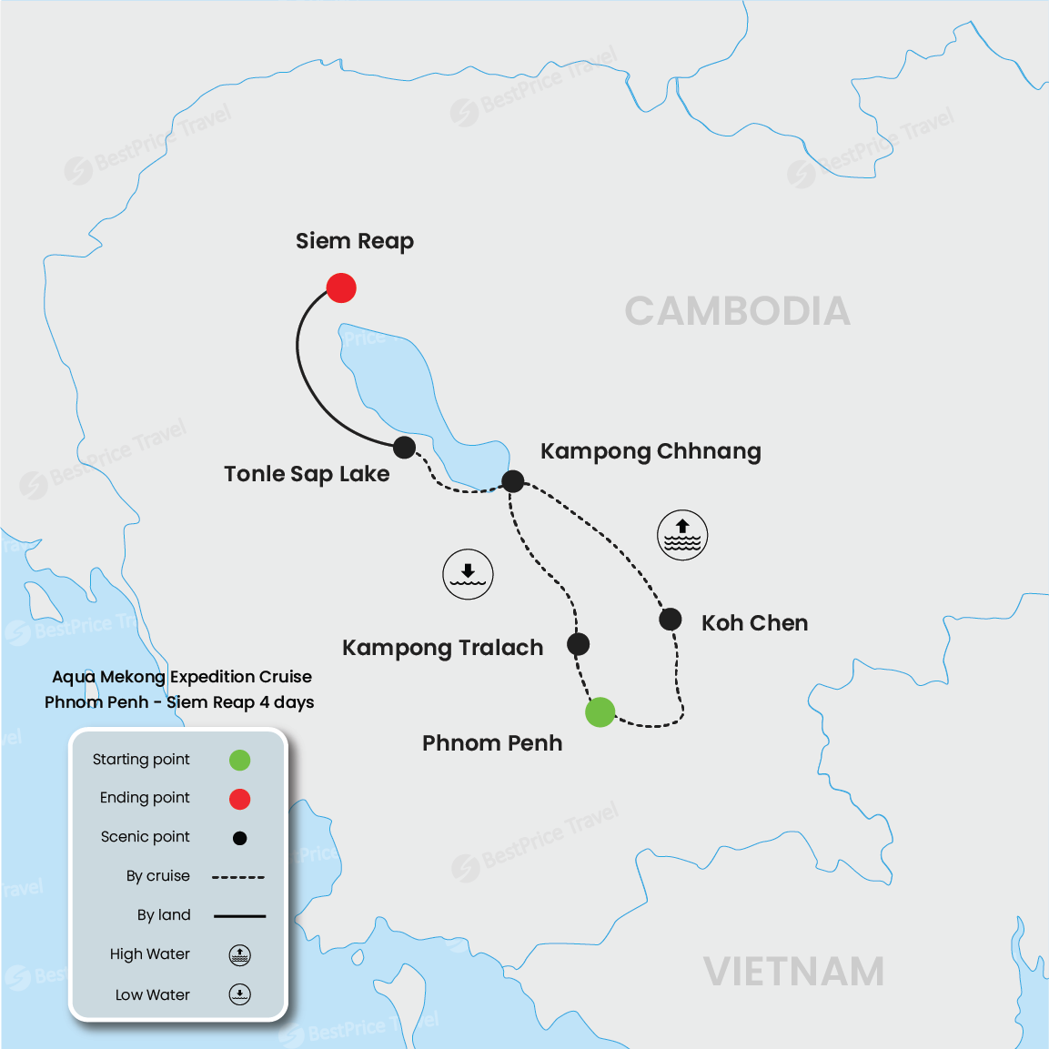 Aqua Mekong Discovery Cruise 4 days: Phnom Penh - Siem Reap Map