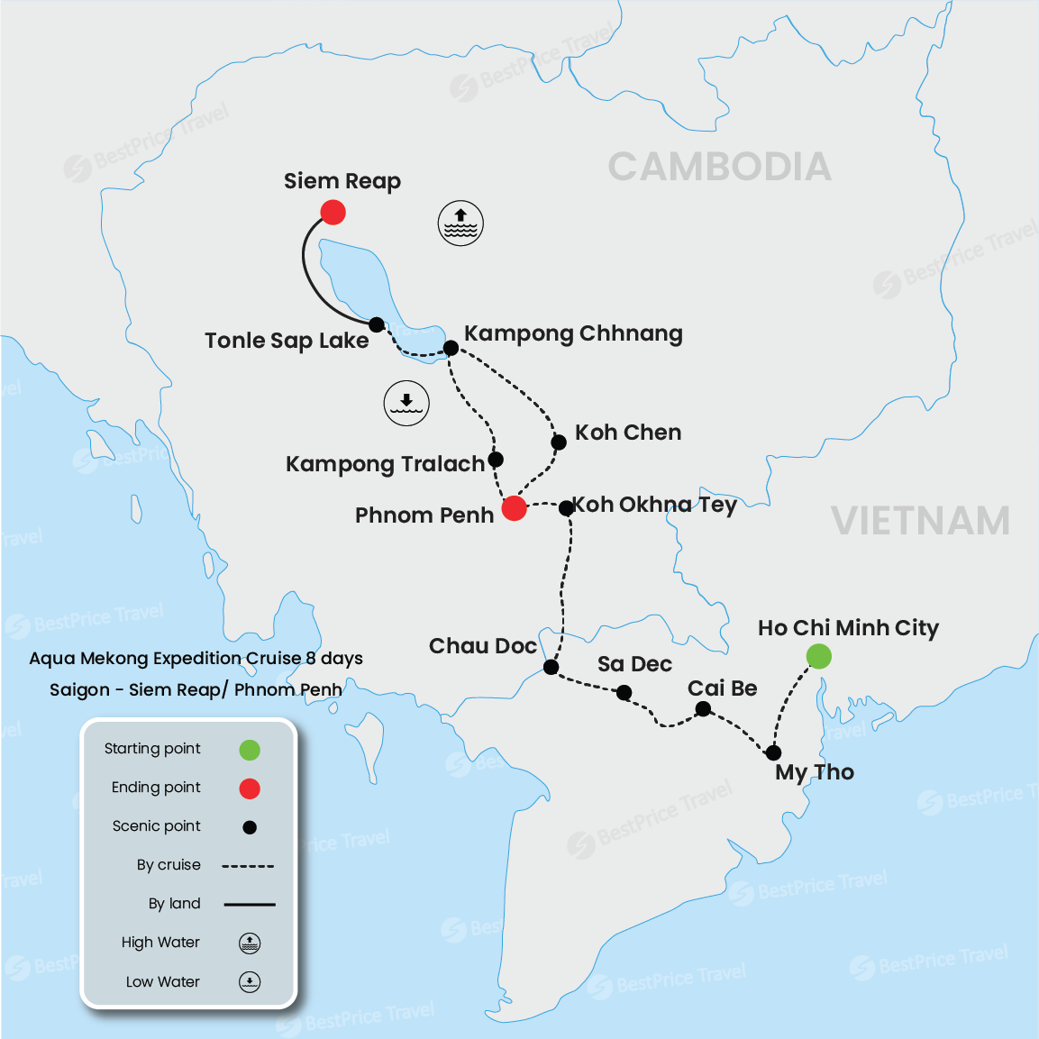Aqua Mekong Expedition Cruise 8 days: Saigon - Siem Reap/ Phnom Penh Map