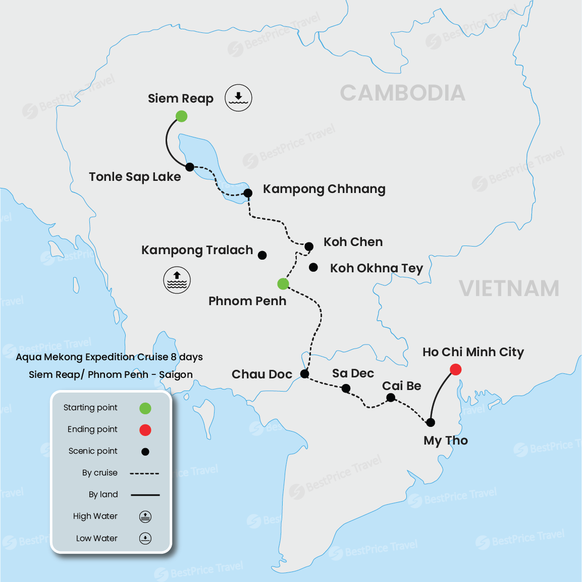 Crucero de expedición Aqua Mekong de 8 días: Siem Reap/ Phnom Penh - Saigón mapa