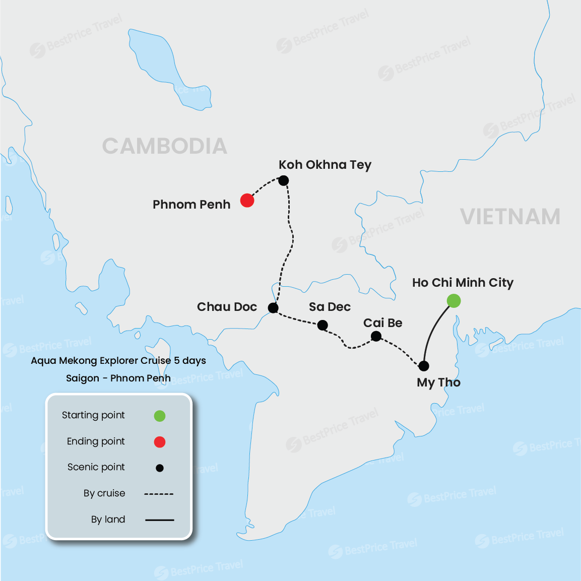 Aqua Mekong Explorer Cruise 5 days: Saigon - Phnom Penh Map
