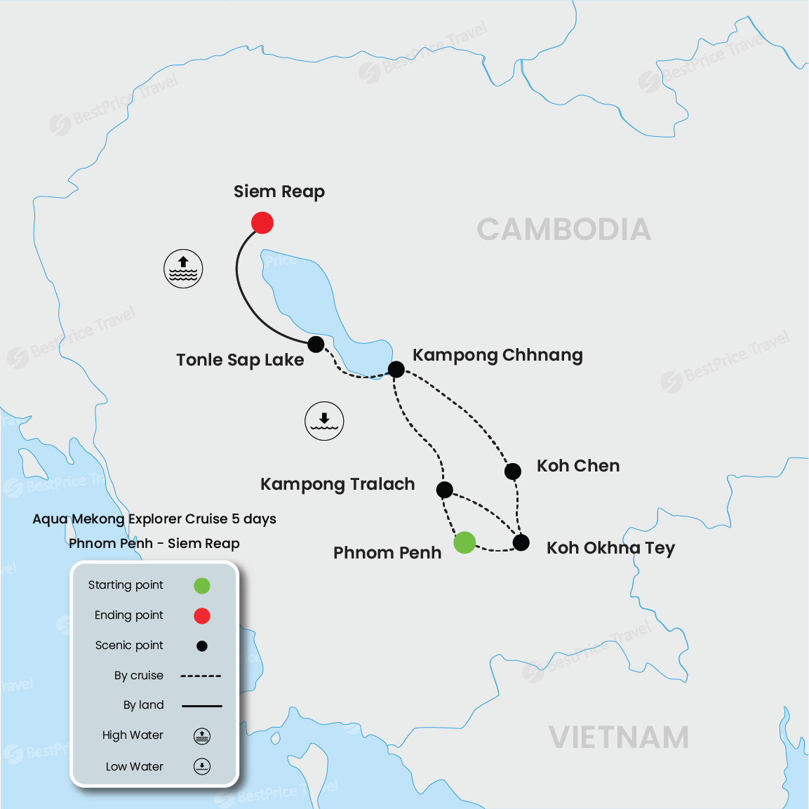 Aqua Mekong Explorer Cruise 5 días: Phnom Penh - Siem Reap mapa