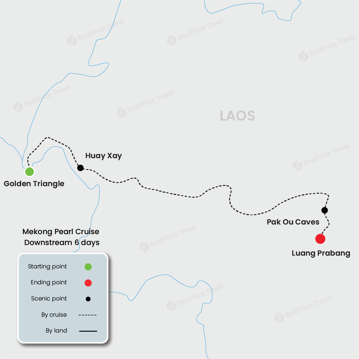 Mekong Pearl Cruise Downstream 6 days: Golden Triangle - Luang Prabang Map
