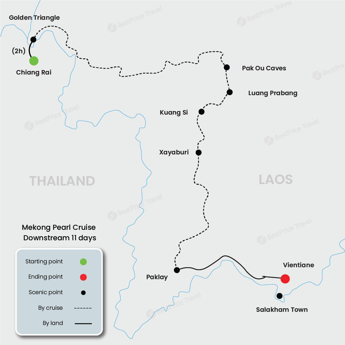 Mekong Pearl Cruise Downstream 11 days: Chiang Rai - Vientiane Map