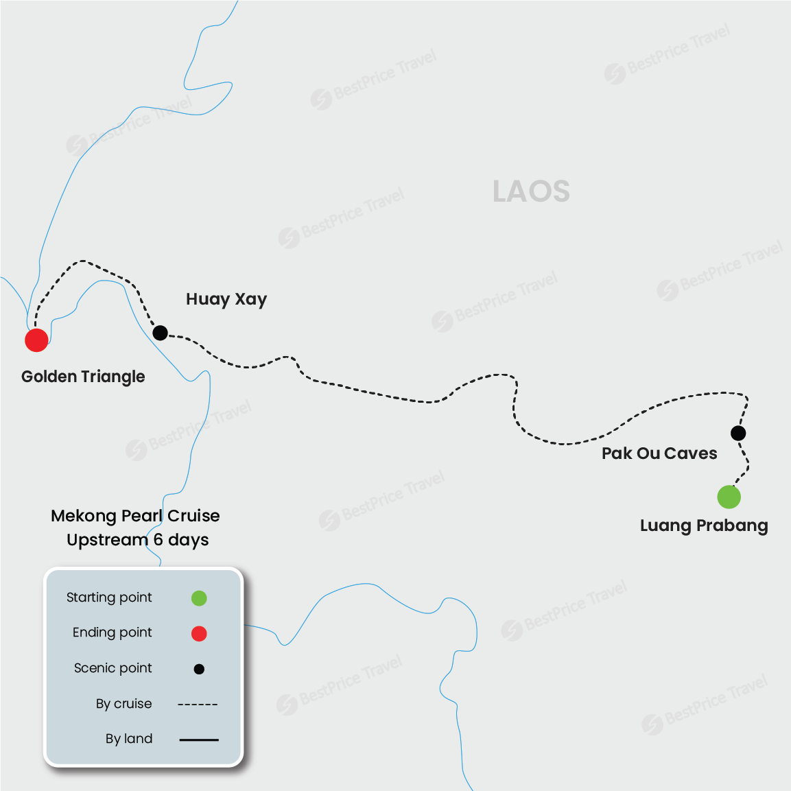 Mekong Pearl Cruise Upstream 6 days: Luang Prabang - Golden Triangle Map