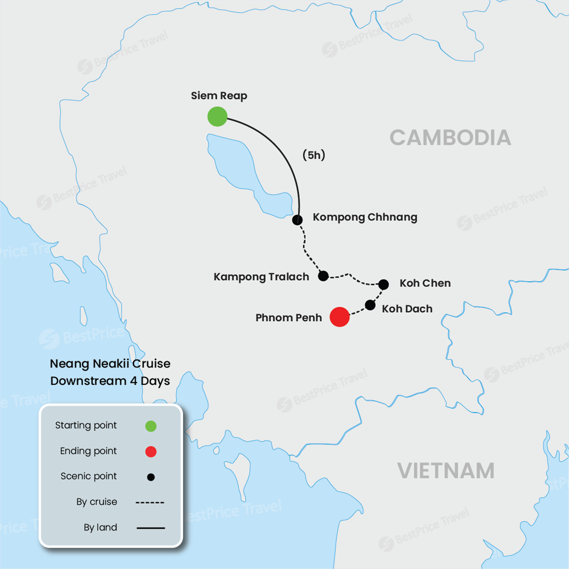 Neang Neakii Cruise Downstream 4 Days: Siem Reap - Phnom Penh Map