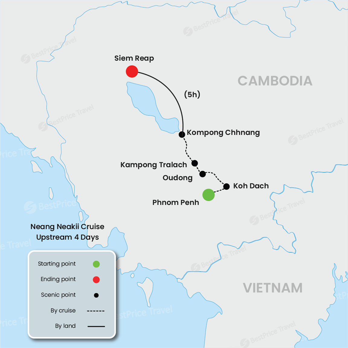 Crucero Neang Neakii río arriba de 4 días: Phnom Penh - Siem Reap mapa