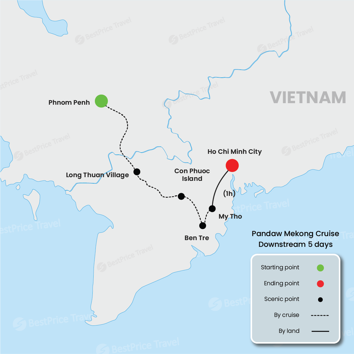 Crucero río abajo por Pandaw Mekong de 5 días: Phnom Penh - Saigón mapa