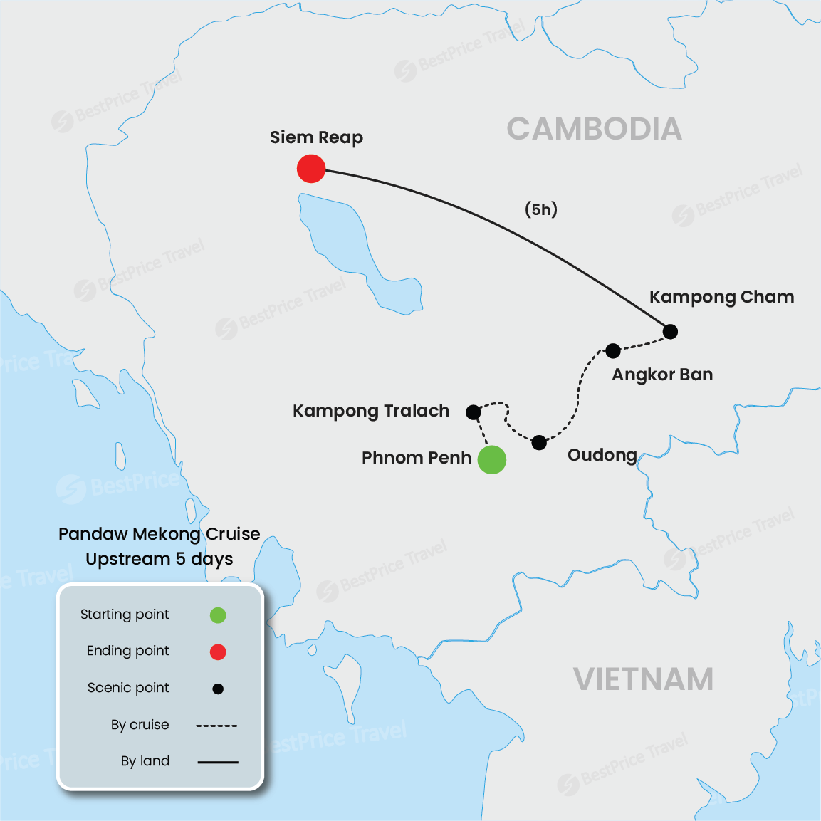 Crucero por Pandaw Mekong río arriba de 5 días: Phnom Penh - Siem Reap mapa