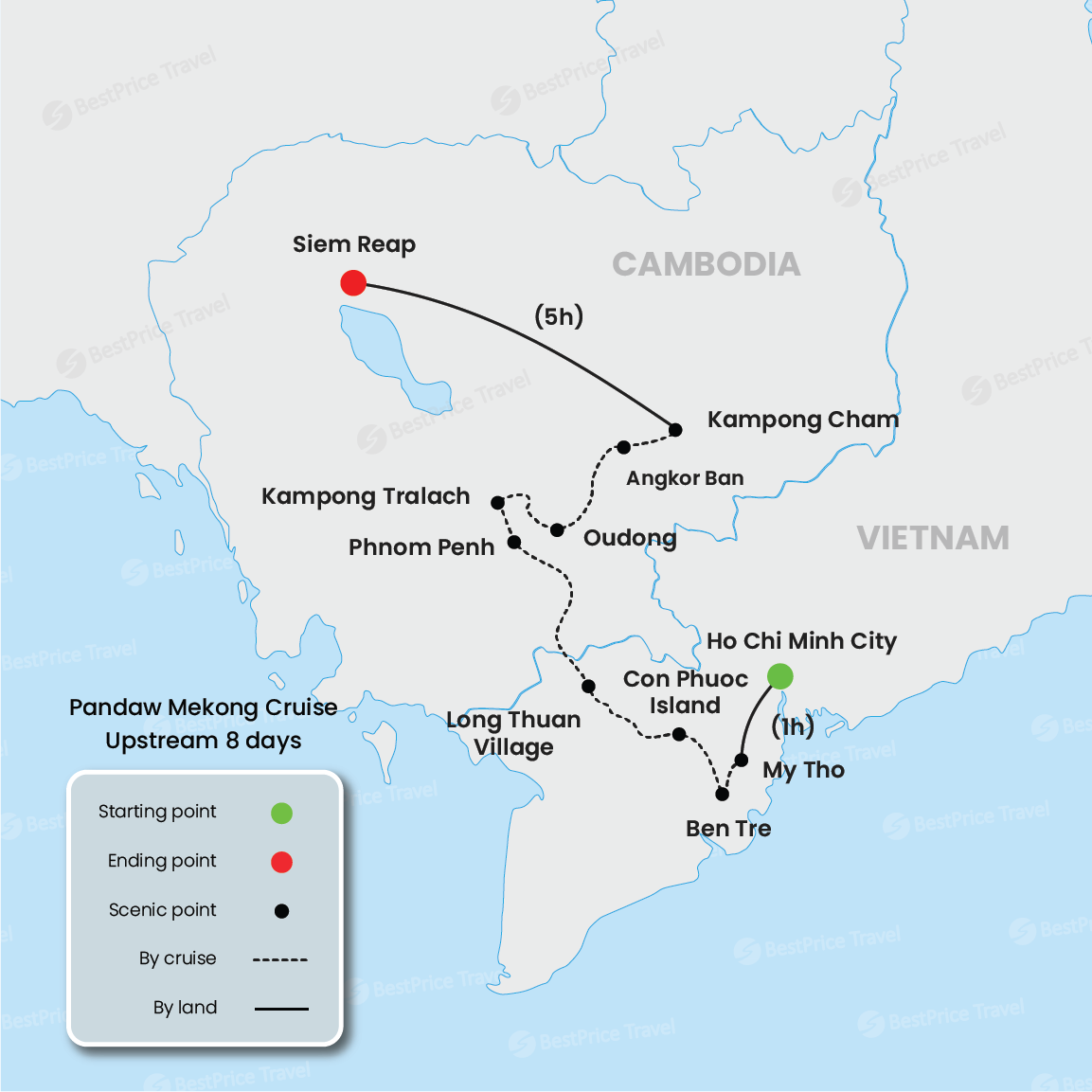 Crucero por Pandaw Mekong río arriba de 8 días: Saigón - Siem Reap mapa
