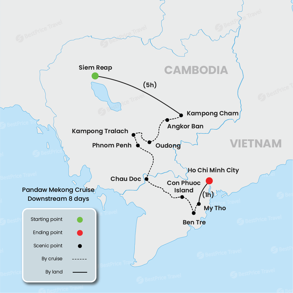 Pandaw Mekong Cruise Downstream 8 Days: Siem Reap - Saigon Map
