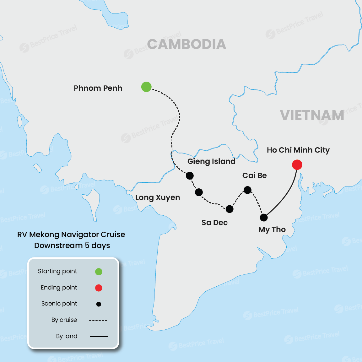 Crucero en RV Mekong Navigator río abajo de 5 días: Phnom Penh - Saigón mapa
