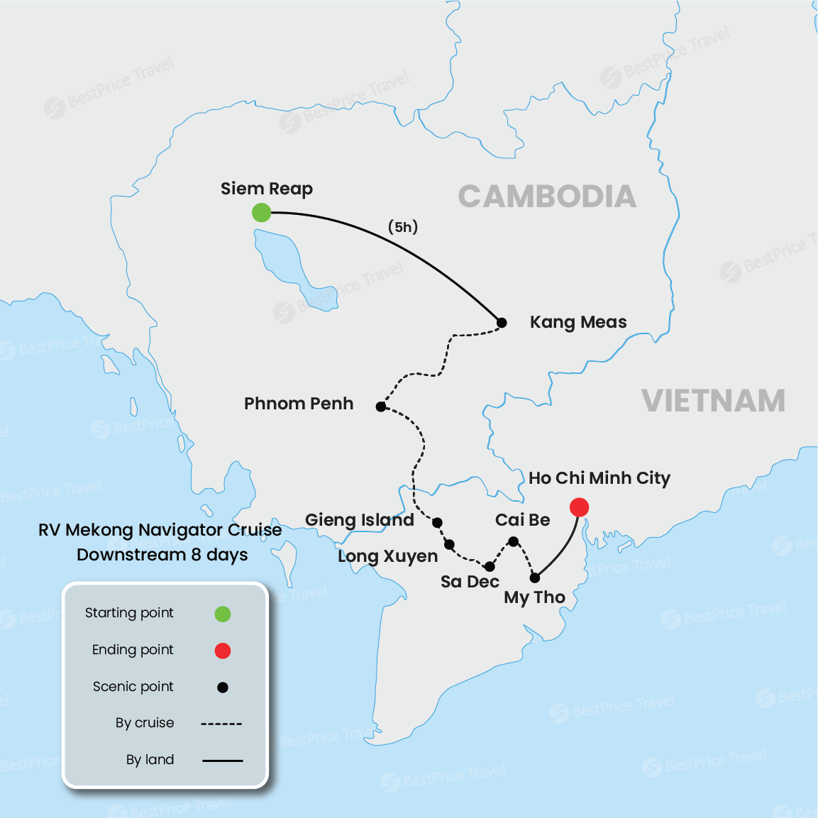 RV Mekong Navigator Cruise Downstream 8 days: Siem Reap - Saigon Map