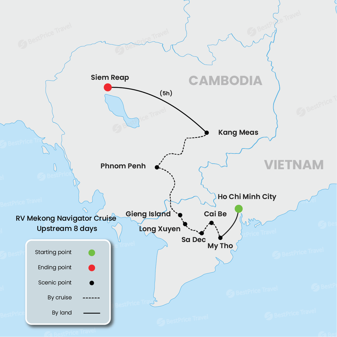 Crucero en RV Mekong Navigator río arriba de 8 días: Saigón - Siem Reap mapa