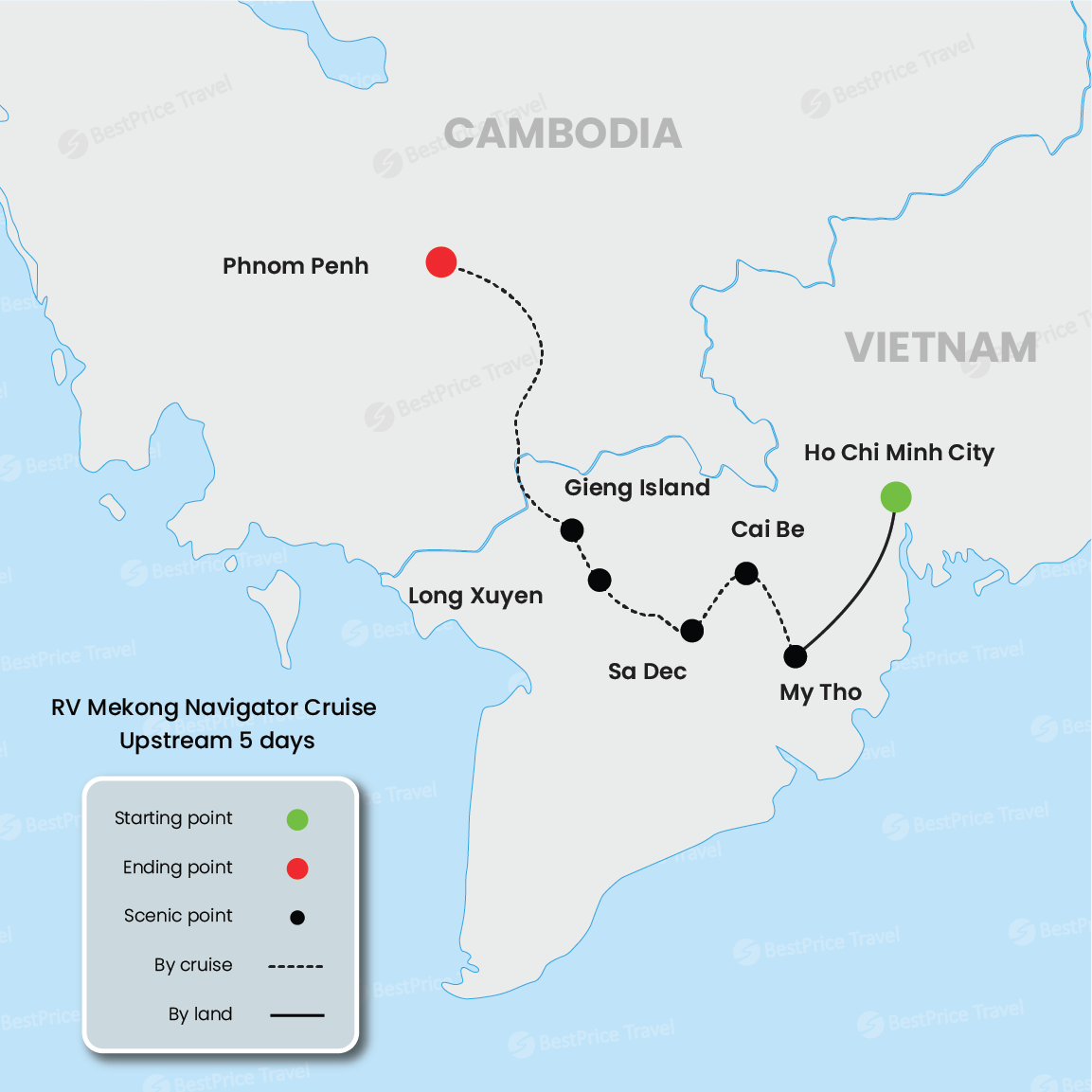 RV Mekong Navigator Cruise Upstream 5 days: Saigon - Phnom Penh Map