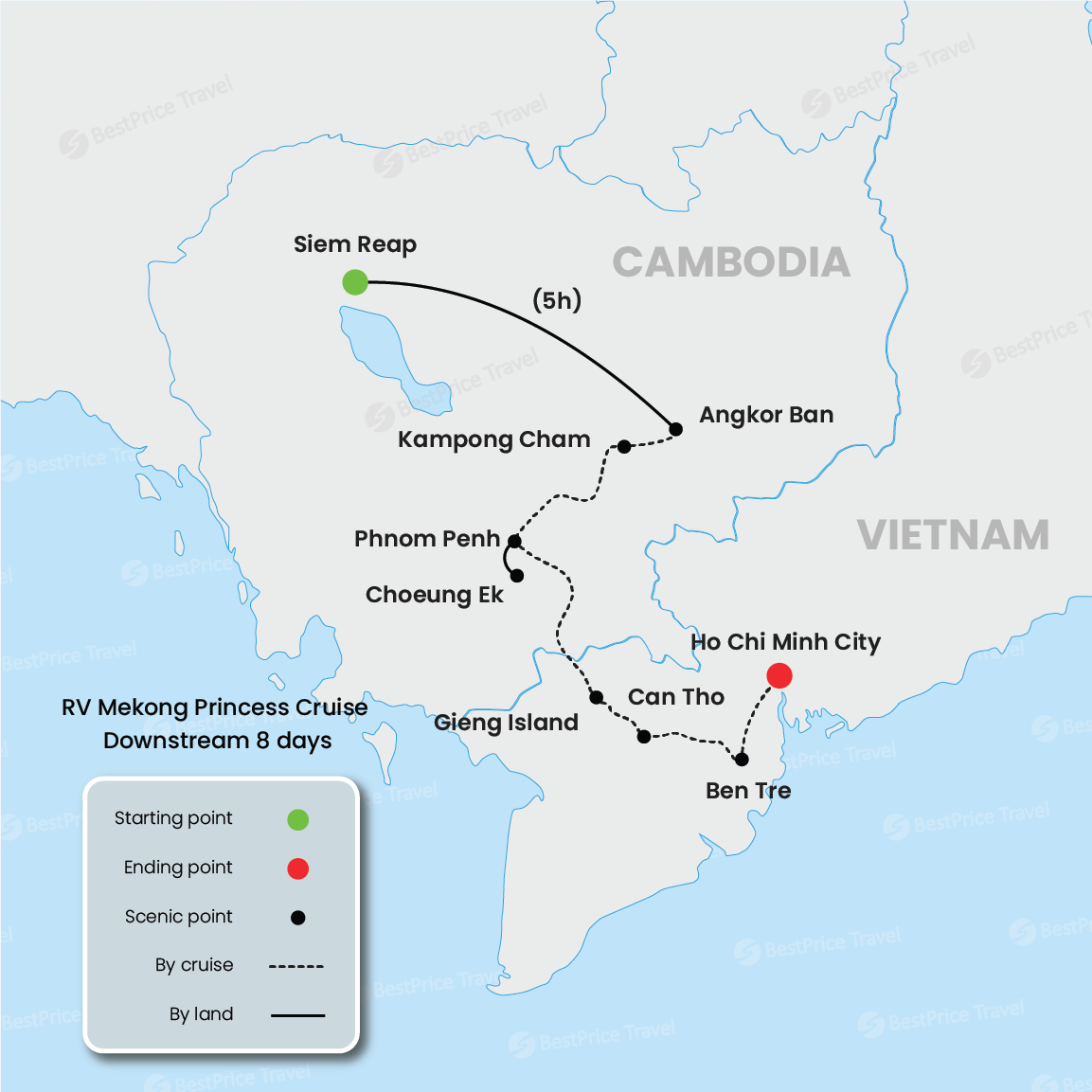 RV Mekong Princess Cruise Downstream 8 days: Siem Reap - Saigon Map