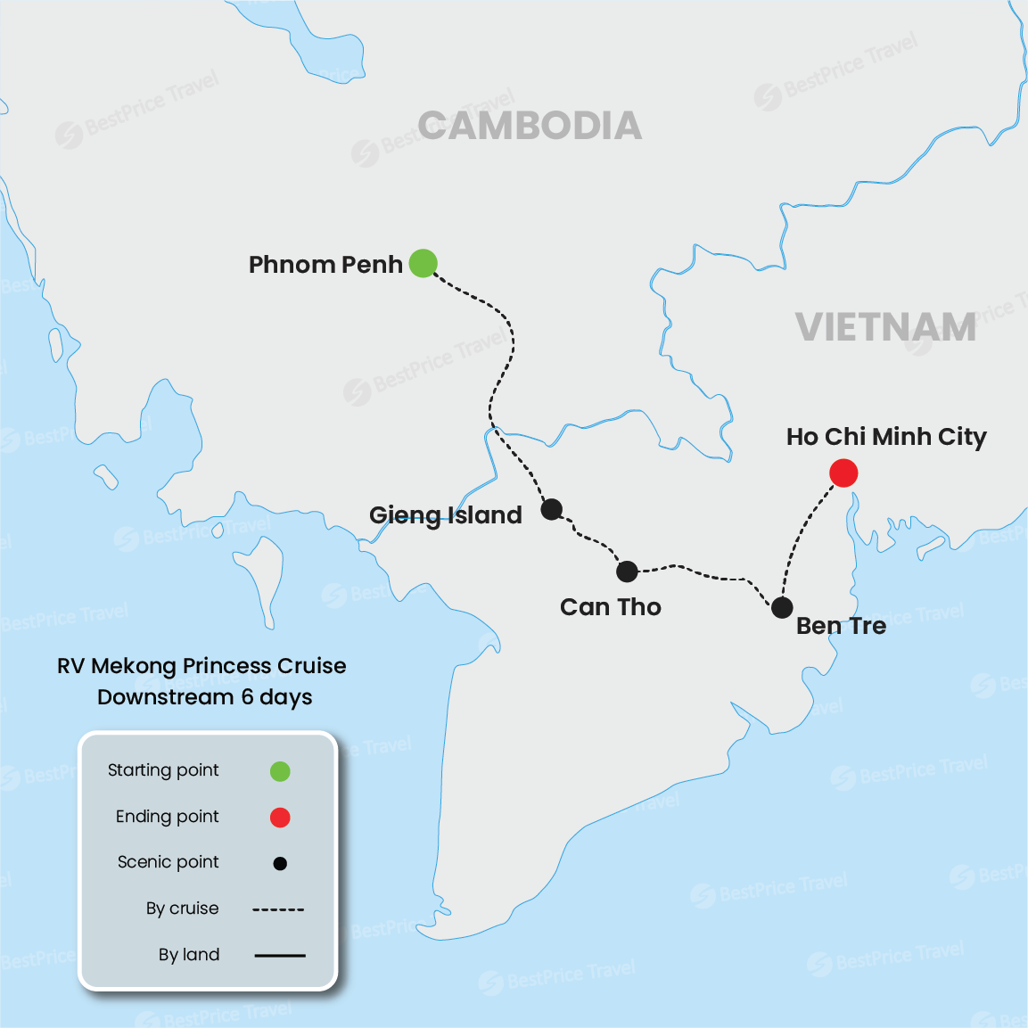 RV Mekong Princess Cruise Downstream 6 days: Phnom Penh - Saigon Map