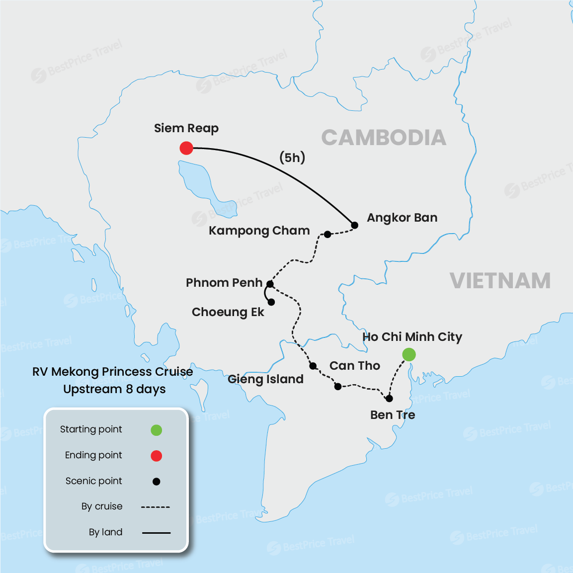 RV Mekong Princess Cruise Upstream 8 days: Saigon - Siem Reap Map