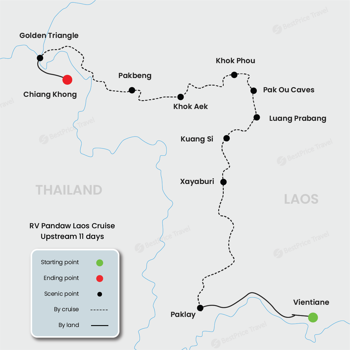 Crucero RV Pandaw Laos río arriba de 11 días: Vientián - Chiang Khong mapa