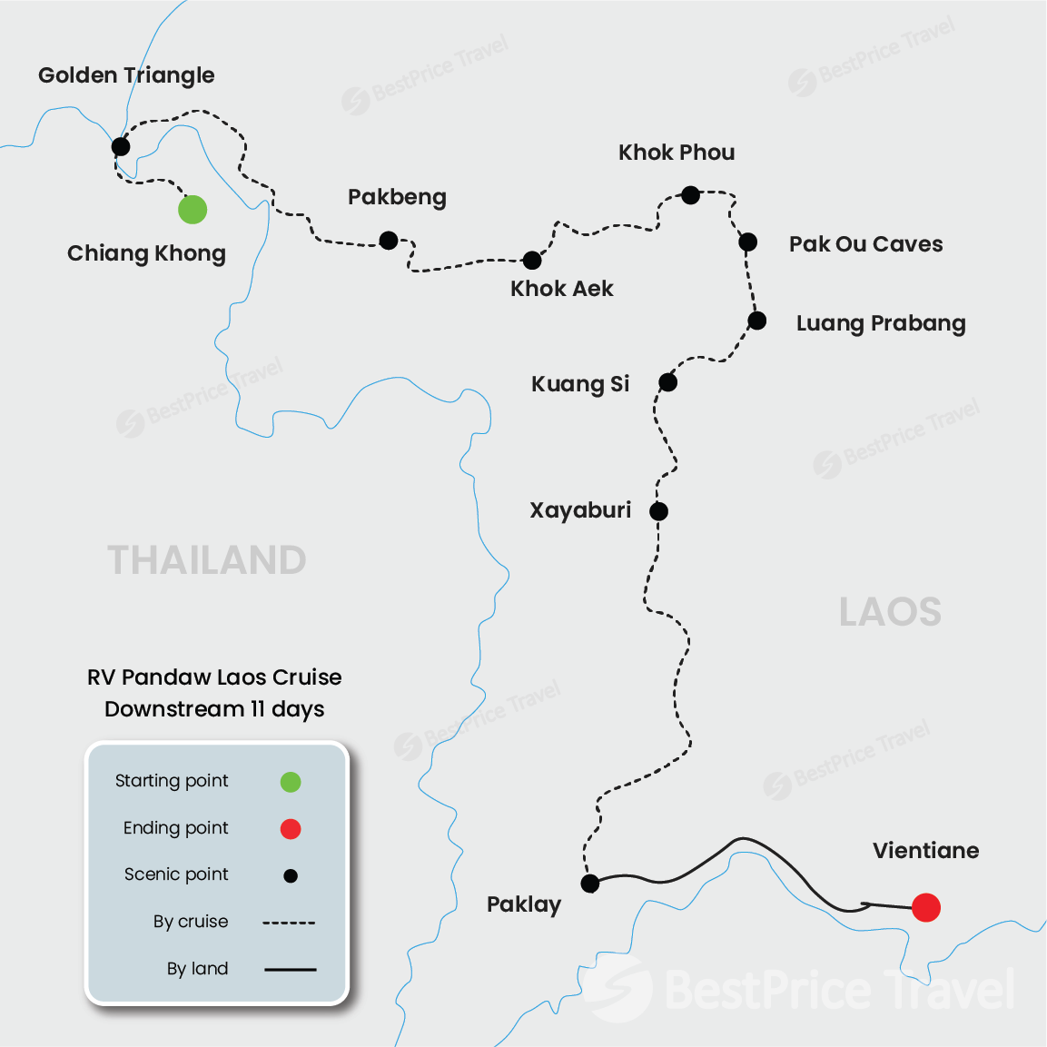 RV Pandaw Laos Cruise Downstream 11 days: Chiang Khong - Vientiane Map
