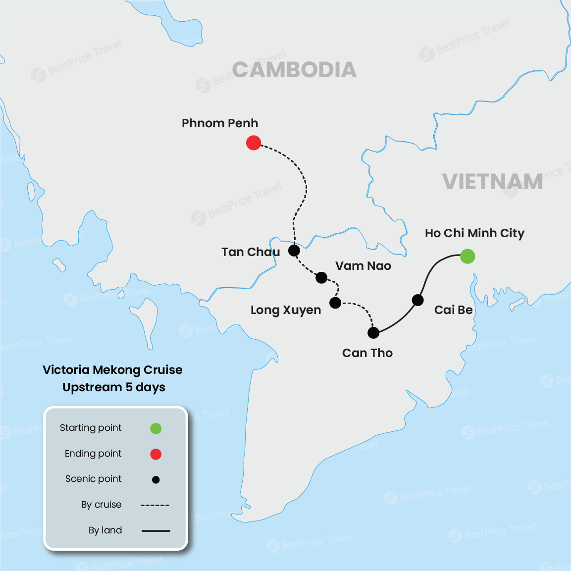 Crucero Victoria río arriba por el Mekong de 5 días: Saigón - Phnom Penh mapa