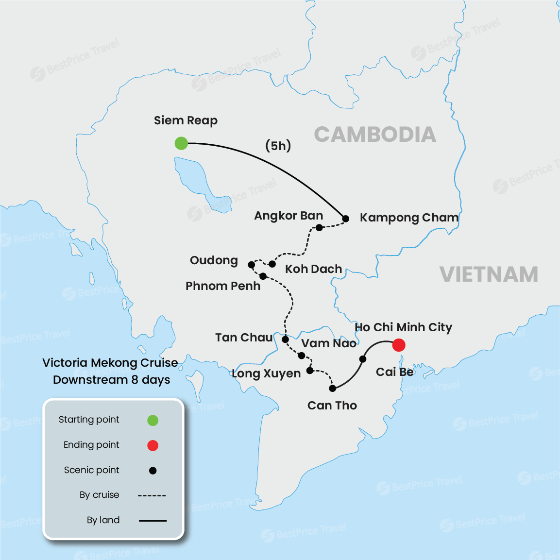 Victoria Mekong Cruise Downstream 8 Days: Siem Reap - Saigon Map