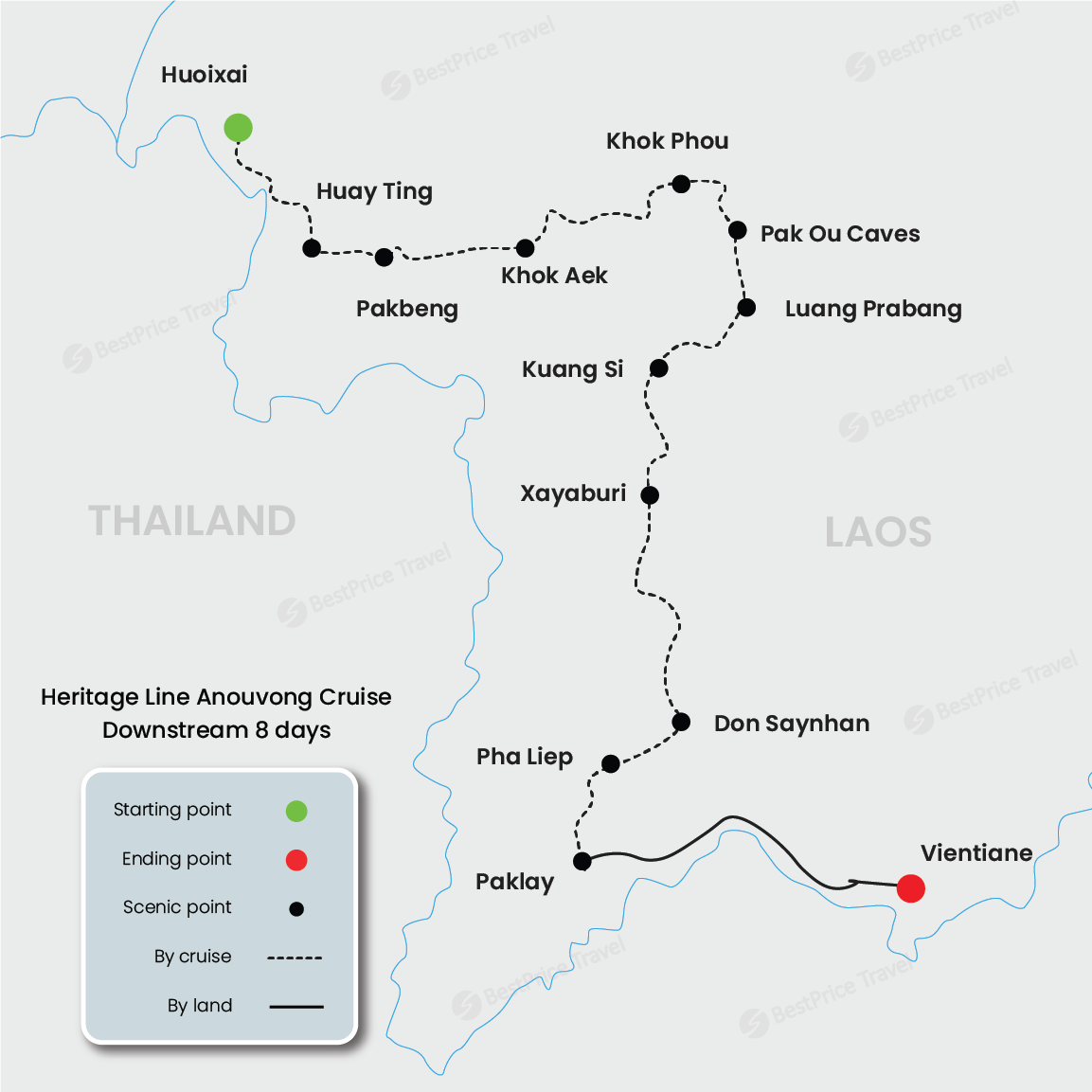 Heritage Line Anouvong Cruise Downstream 8 days: Huay Xai - Vientiane Map